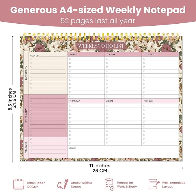 Weekly To Do List Notepad with 52 Undated Sheets（8.5"×11"）- Undated Weekly Planner Notepad for Office Desk Accessories and Supplies - Mauve Muse