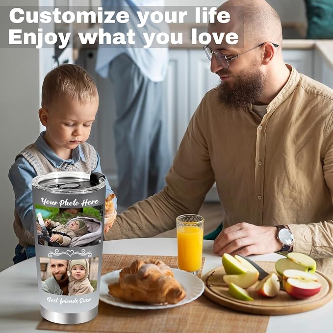 Personalized Tumbler with Pictures Text, Custom Photo Stainless Steel Coffee Tumbler, Coffee Travel Mug Cup 20 Oz Custom Gifts for Fathers Day Christmas Birthday for Dad Mom Kids