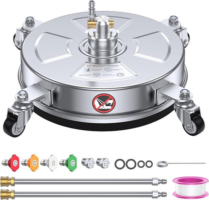 14" Pressure Washer Surface Cleaner 4500 PSI with 304 Industrial-grade Stainless Steel Housing,1/4” Quick Plug, 4 Universal Wheels, 2 x 15" Extended Wands, 2 Replacement Nozzles, 4 Spray Nozzle Tips
