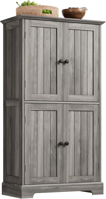 ChooChoo Bathroom Floor Cabinet, Farmhouse Bathroom Storage Cabinet with 4 Doors and Adjustable Shelves, Pantry Cabinet for Living Room, Kitchen, Retro Grey