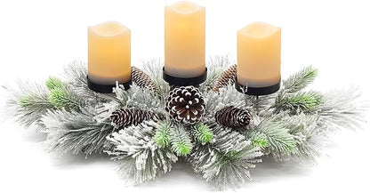 Christmas Centerpiece Table Decorations, Handcrafted Snowy Pine Cones and Pine Needles with 3 Candle Holders for Dining Table Fireplace Mantel - 27.5 in