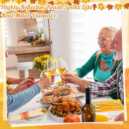 Lasnten 50 Pcs Pre Rolled Fall Thanksgiving Plastic Silverware Set Gold Disposable Plastic Cutlery Set with 50 Pcs Orange Yellow Napkins, 50 Knives, 50 Forks and 50 Spoons for Halloween Fall Parties