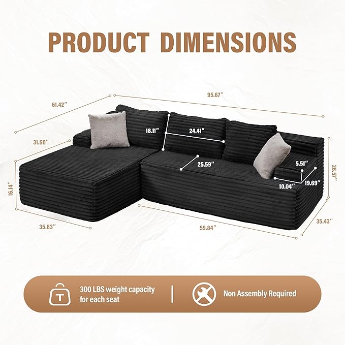 Hobestluk Modular Sectional Sofa Couches L-Shape Couch 3 Seat Modular Sofa Memory Foam Sectional Couches for Living Room, Cloud Couch with Oversized Chaise (96“, Left Facing)