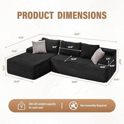 Hobestluk Modular Sectional Sofa Couches L-Shape Couch 3 Seat Modular Sofa Memory Foam Sectional Couches for Living Room, Cloud Couch with Oversized Chaise (96“, Left Facing)