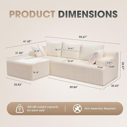 Hobestluk Modular Sectional Sofa Couches L-Shape Couch 3 Seat Modular Sofa Memory Foam Sectional Couches for Living Room, Cloud Couch with Oversized Chaise (96" Left Facing Chaise)