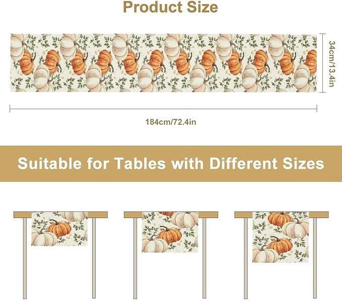 Fall Pumpkin Table Runner White Orange Vegetables Seeds Parsley Watercolor Hand-Painted Illustration Home Decor for Farmhouse Indoor Outdoor Party Holiday Dining Kitchen Restaurant Cafe W13xL108in