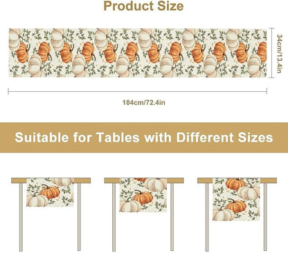 Fall Pumpkin Table Runner White Orange Vegetables Seeds Parsley Watercolor Hand-Painted Illustration Home Decor for Farmhouse Indoor Outdoor Party Holiday Dining Kitchen Restaurant Cafe W13xL90in
