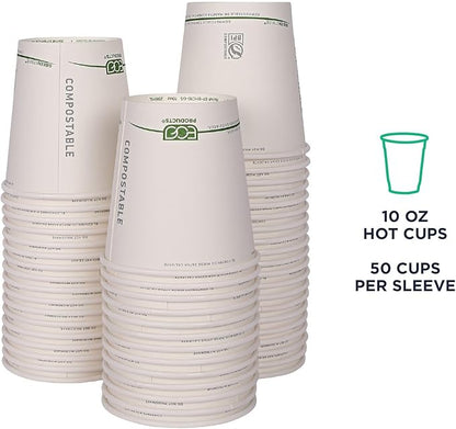 ECO PRODUCTS Compostable Disposable GreenStripe 10oz Coffee Cups, Case of 1000, White Single Wall Hot Paper Cup, Plant Based PLA Lining, Biodegradable