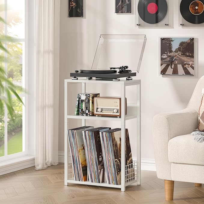 LELELINKY White Side Table,Small Printer Stand with Storage Shelf,3 Tier Industrial Bedside Tables,Vinyl Record Player Stand,Modern Sofa Night Stands for Living Room Bedroom Office Small Spaces