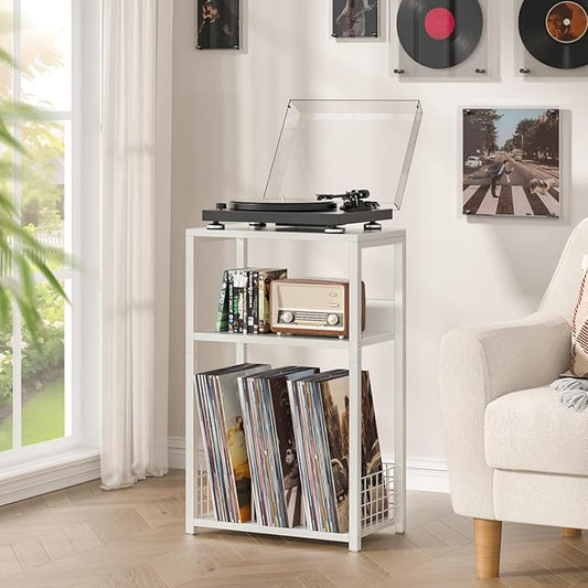 LELELINKY White Side Table,Small Printer Stand with Storage Shelf,3 Tier Industrial Bedside Tables,Vinyl Record Player Stand,Modern Sofa Night Stands for Living Room Bedroom Office Small Spaces