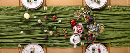 Olive Green Cheesecloth Table Runner 4 Pack Christmas Table Runners Boho Gauze 120 Inches Green Cheese Cloth Table Decora for Xmas Holiday Season Parties Wedding Bridal Baby Shower Tea Party