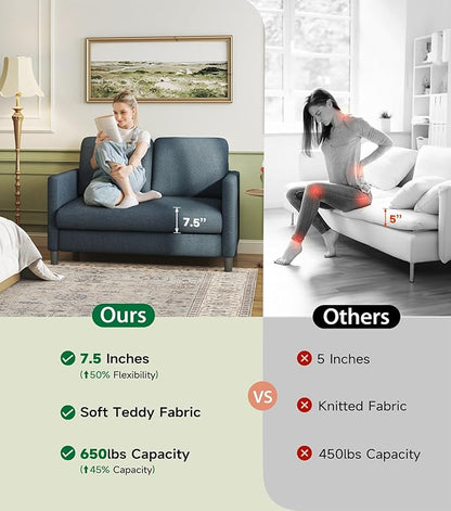 Loveseat Sofa, 51" Love Seat, Comfy Teddy Small Loveseat for Small Spaces, Tool-Free Setup Sofa Couch for Bedroom, All-Wood Couches for Living Room, No Pillow Included, Blue Grey