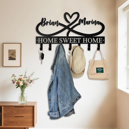 Personalized Key Holder for Wall - Custom Couple's Name with Love Symbol - Metal Key Holde Wall Mount Hooks for Bedroom Entryway, Couples Gifts, Home Sweet Home Decor (03-Love)