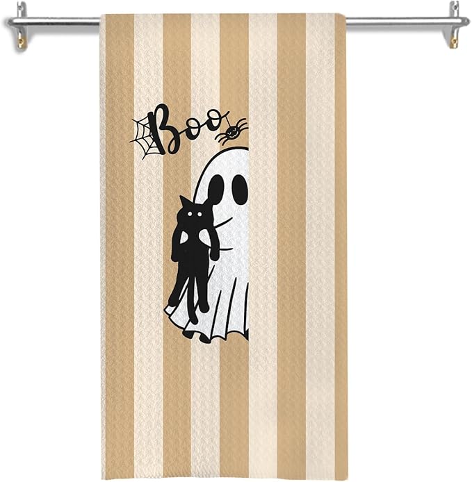 Halloween Black Cat Kitchen Towels, Cat Lover Mom Lady Gifts Dish Tea Towels for Kitchen Decor, Orange Striped Halloween Ghost Decorative Hand Towel for Bathroom, 16x24 Inches