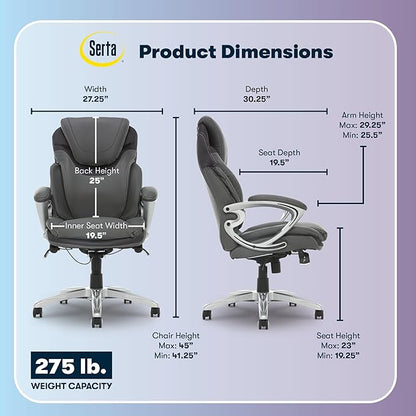 Serta Bryce Executive Office Chair - Ergonomic Computer Desk Chair with Patented AIR Lumbar Technology - Adjustable Height - Memory Foam Body Pillows - 360° Swivel Rolling Base - Bonded Leather - Gray
