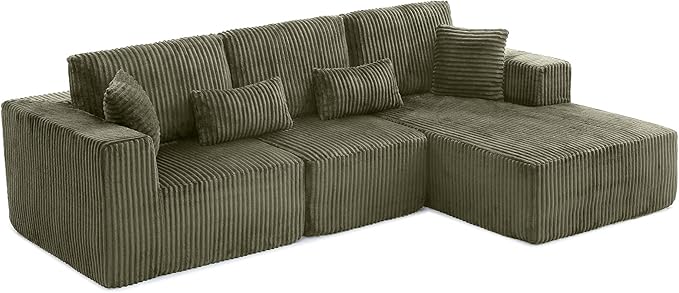 L Shaped Modular Boneless Sectional Couches for Living Room, Wide Armrest, Deep Seat, Memory Foam, Assembly Free, Modern Comfy Corduroy Fluffy Cloud Sofa with Right Chaise, Green