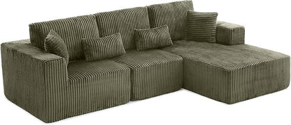 L Shaped Modular Boneless Sectional Couches for Living Room, Wide Armrest, Deep Seat, Memory Foam, Assembly Free, Modern Comfy Corduroy Fluffy Cloud Sofa with Right Chaise, Green