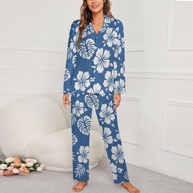 Lemons Leaves Ceramic Style Womens Pajama Set Long Sleeve Pajamas Top And Pants Soft Loungewear Pjs Sets