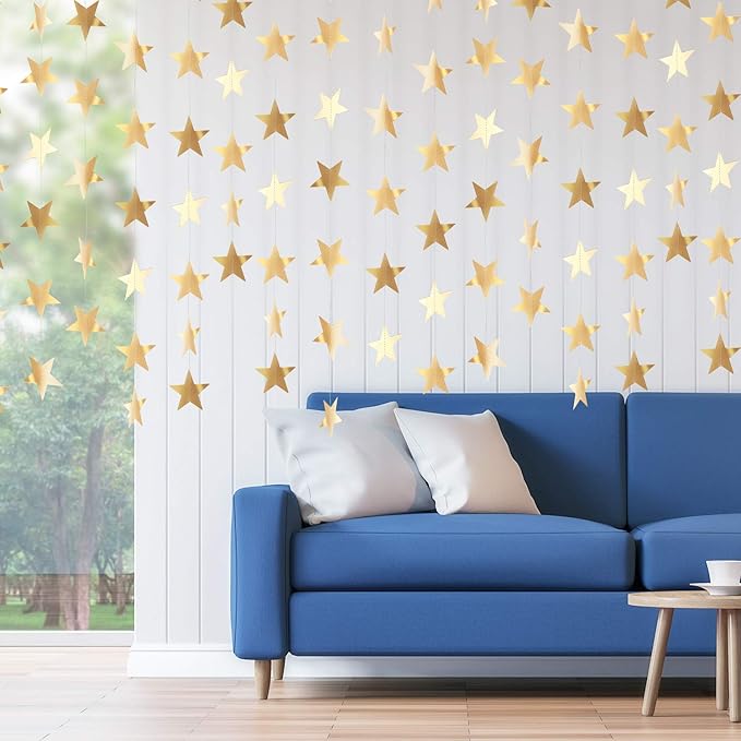 Patelai Glitter Star Garland Banner Christmas Decor 130 Feet Star Hanging Bunting Banner Twinkle Backdrop for Homecoming Classroom Wedding Birthday Halloween Party Supplies(Champagne Gold)