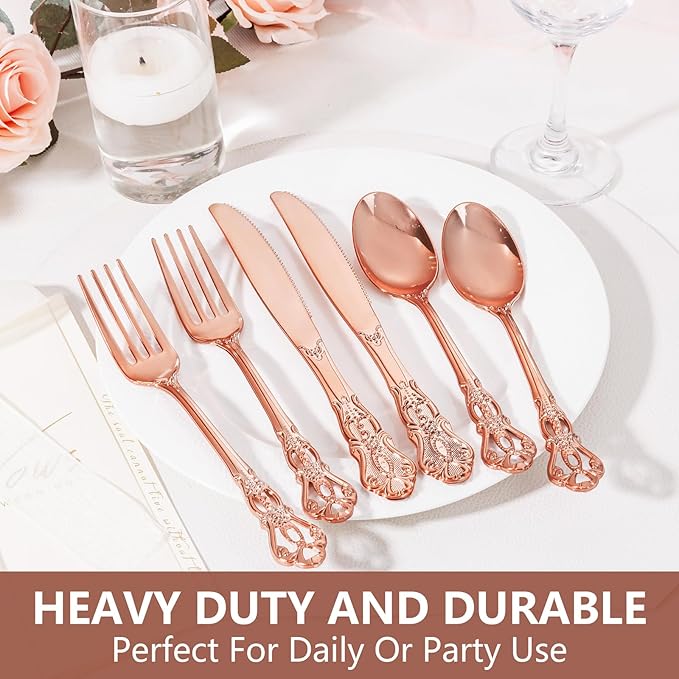 90 Pieces Rose Gold Plastic Silverware - Heavy Duty Disposable Utensils - Fancy Gold Plastic Cutlery Set Includes 30 Forks, 30 Spoons, 30 Knives for Dinner Parties Weddings