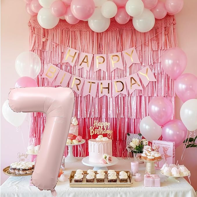 Light Pink Number Balloon 7, 40 Inch Large Self Inflating 7 Foil Number Balloons 0-9, Blush Pastel Pink Digital 7 Helium Balloon for Girls Women 7th Birthday Party Graduation Anniversary Decorations