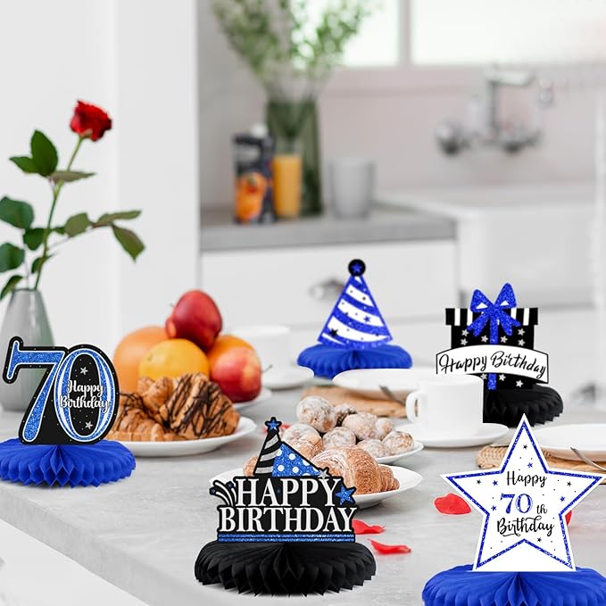 Happy 70th Birthday Decorations,70th Bday Blue Glitter Shiny Stand Honeycomb Table Centerpieces - Cheers to Seventy Years Old Birthday Party Photoprop Gift Sign.