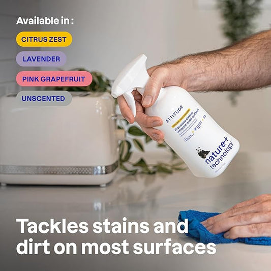 ATTITUDE All Purpose Cleaner Spray, EWG Verified, Vegan, Made with 94% Plant-Based Ingredients, Streak-Free for Kitchen, Bathroom, Glass & More, Lavender, 27.1 Fl Oz (Pack of 3)