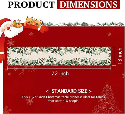 Christmas Table Runner 13x72 Inch Winter Holiday Greenery Red Berries Farmhouse Dining Table Decoration Burlap Tablecloth for Kitchen Dining Indoor Outdoor Christmas Party Home Decor