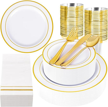 GATHER 350PCS Gold Plastic Plates - White and Gold Disposable Plastic Dinnerware Set Include 50 Dinner Plates, 50 Dessert Plate, 150 Silverware, 50 Napkins, 50 Cups for Party & Wedding & Christmas