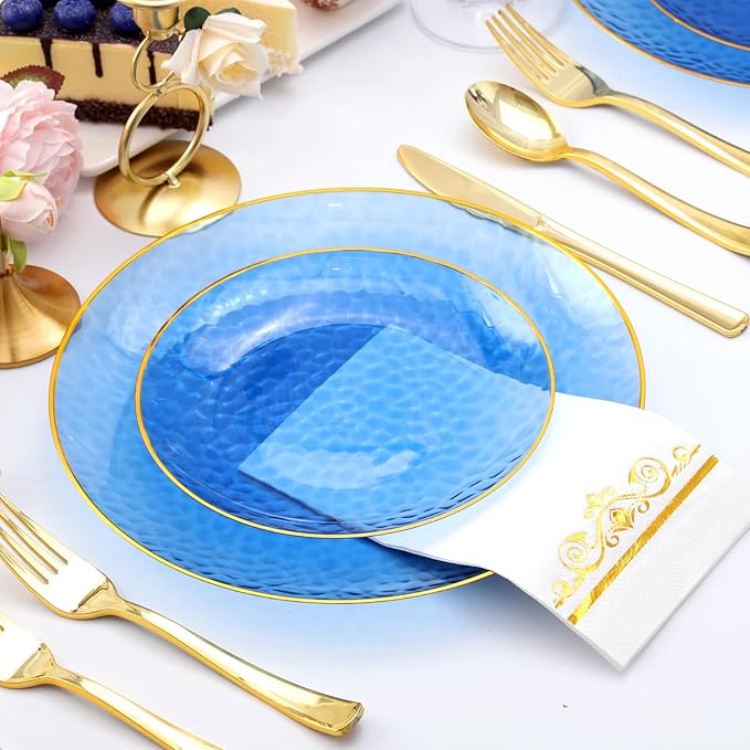 150 Pcs Blue Plastic Dinnnerware Set for 25 Guests - Clear Blue Plastic Plates Disposable with Gold Trim - Fancy Disposable Plates for Party Wedding Birthday Thanksgiving