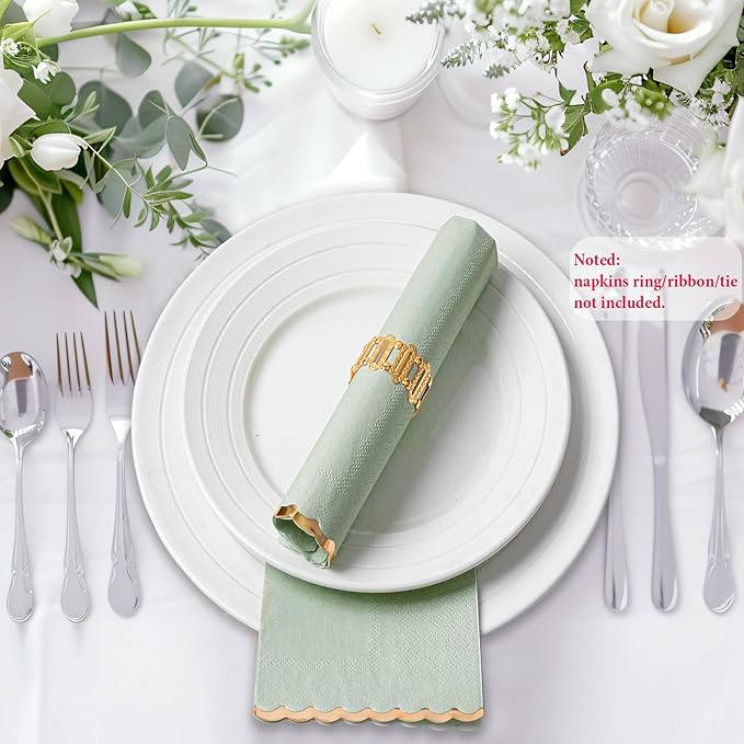 50 Sage Green Paper Napkins Decorative, Gold Foil Scalloped Edged Guest Napkins Disposable, Dinner Napkins for Wedding, Shower Baby, Birthday Parties Supplies(4 x 8 In, Sage Green)