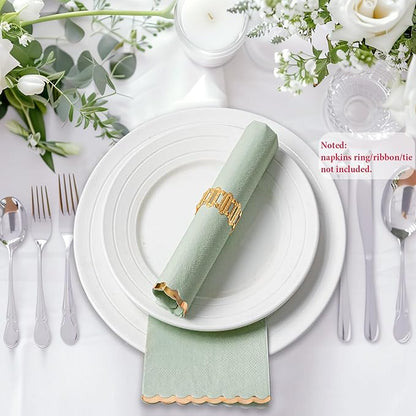 50 Sage Green Paper Napkins Decorative, Gold Foil Scalloped Edged Guest Napkins Disposable, Dinner Napkins for Wedding, Shower Baby, Birthday Parties Supplies(4 x 8 In, Sage Green)