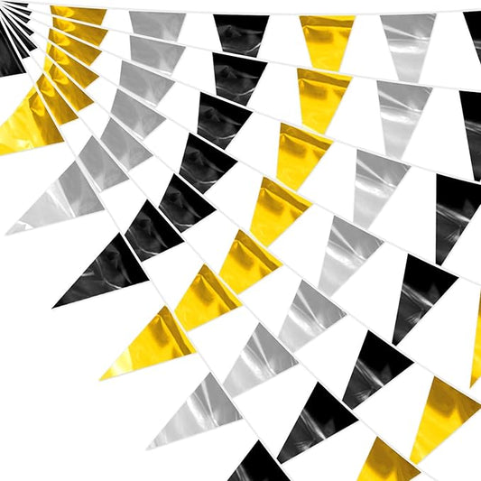 130FT Black Gold Silver Glitter Triangle Pennant Banner Flag Metallic Bunting Fabric Garland for Christmas Wall Hanging,Graduation, New Years Decorations,Father' Da Decorations Party Decor