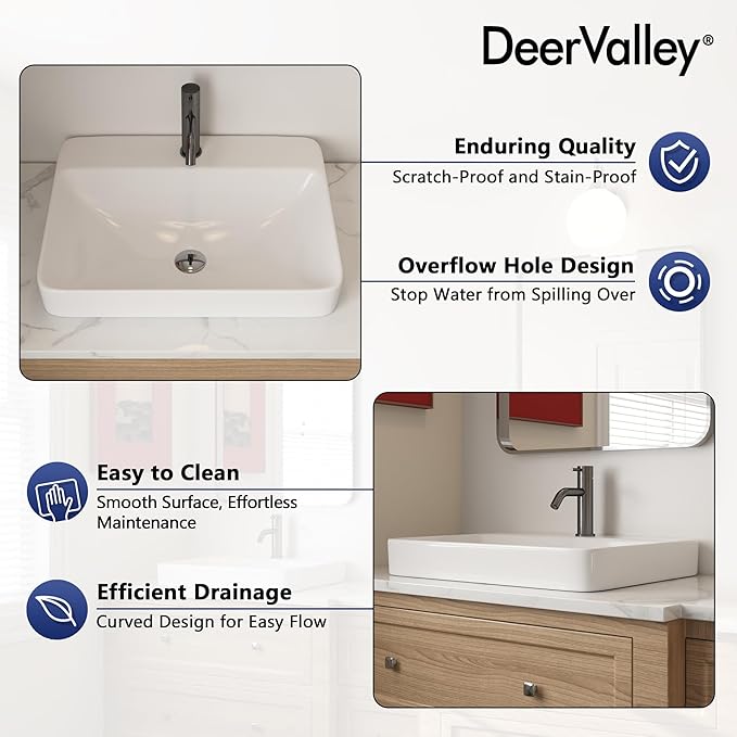 DeerValley 24x19 Inch White Rectangular Drop-In Bathroom Sink, Semi-Recessed Ceramic Vessel Sink with Overflow and Single Faucet Hole, Model DV-1DS012101
