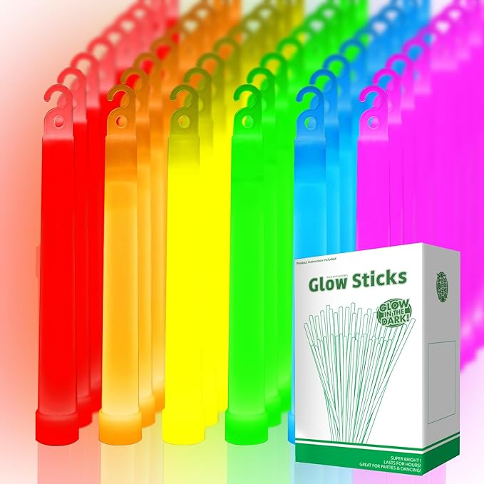 96 Ultra Bright Large Glow Sticks with 96 Black PE String, Multi Use Colourful 6 Inch Glowsticks for Parties, Camping, Emergency Glow Sticks For Blackout, Long-lasting Lighting Waterproof and