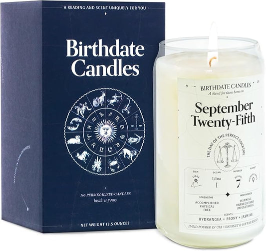 The Original Birthdate Candles, September 25 - Libra Zodiac Scented Candles Birthday Gift - Hygrangea, Peony & Jasmine Scent - All-Natural Soy & Coconut Wax, 60-80 Hour Burn Time - Made in USA
