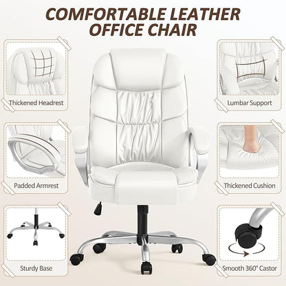 Homall Office Chair High Back Computer Desk Chair, PU Leather Adjustable Height Modern Executive Swivel Task with Padded Armrests and Lumbar Support (White)