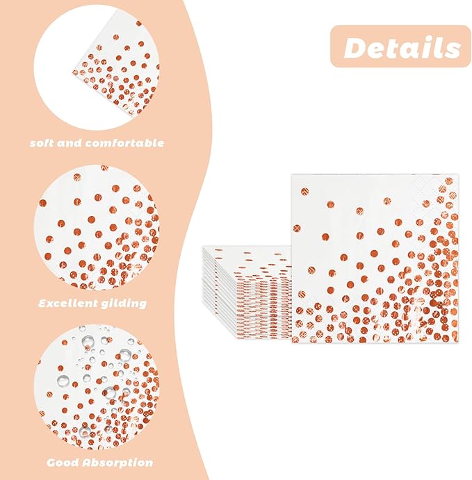 100 Pcs Unfold Size 13x13 Inch Disposable White Rose Gold Dot Paper Napkins