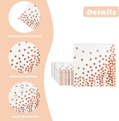 100 Pcs Unfold Size 13x13 Inch Disposable White Rose Gold Dot Paper Napkins