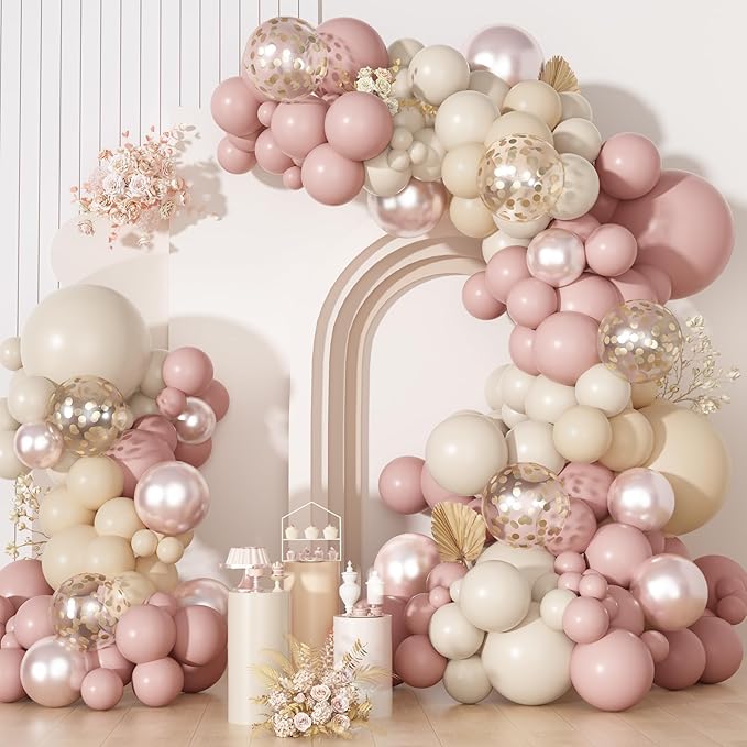 Ouddy Party Boho Dusty Pink Balloons Garland Arch Kit, Different Sizes 18 12 10 5 Inch Pastel Pink Sand White Pearl Latex Confetti Balloon for Baby Bridal Shower Birthday Women Girls Party Decorations