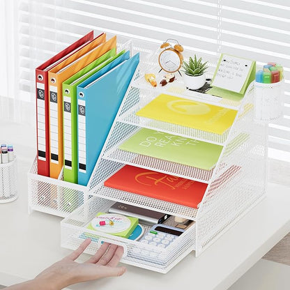 Marbrasse Desk Organizer with File Holder, 5-Tier Paper Letter Tray Organizer with Drawer and 2 Pen Holder,Mesh Desk Organizers and Accessories,Desktop Organizer and Storage for Office Supplies(White)