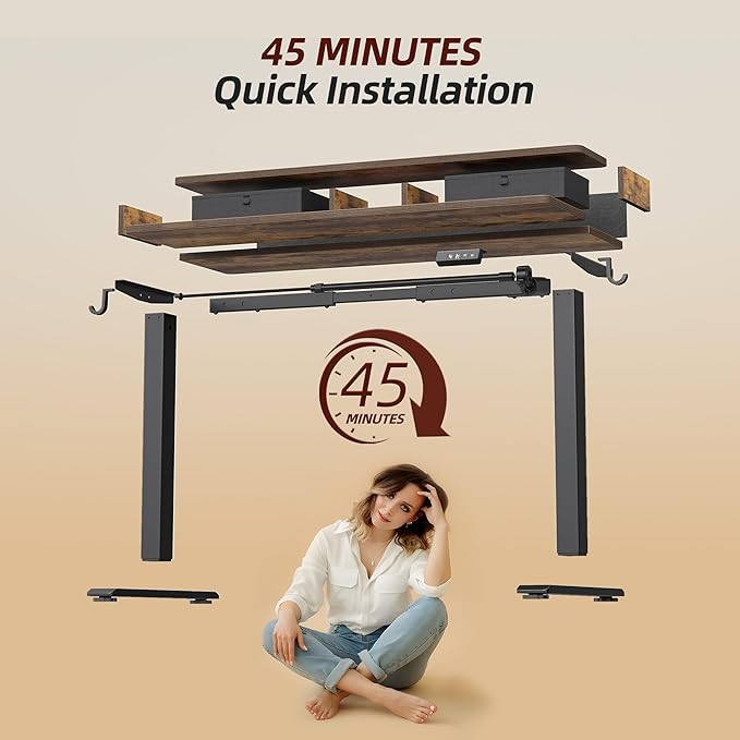 TIQLAB Standing Desk with Two Drawers, Stand Up Standing Desk Adjustable Height, Electric Sit Stand Table with Storage Shelf and Splice Board, 63 * 24 inch, Rustic Brown