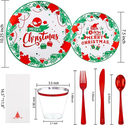 Liacere 175Pcs Christmas Plastic Plates - Green and Red Plastic Plates - include 50 Christmas Plate 25 Cups 75 Plastic cutlery 25 Tree Napkins - Suitable For All Kinds Of Holidays