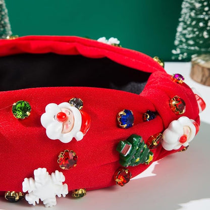 pVq Christmas Headband for Women Knotted Headband with Christmas Tree Crystal Pearl Snowflake Ribbon Xmas Holiday Hairband (Santa Claus - Red, One Size)