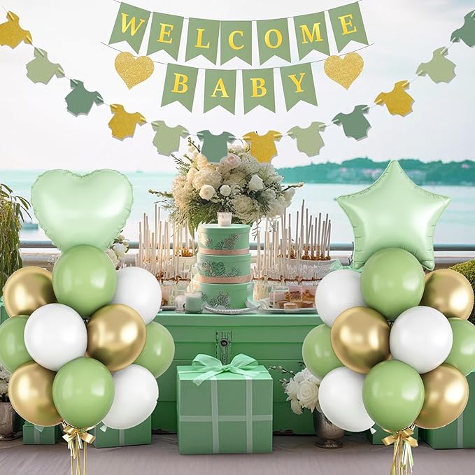Sage Green Baby Shower Decorations Olive Green Gold White Oh Welcome Baby Balloon Set with Star Heart Foil Balloons Shower Bunting Banner Bodysuit Garland Neutral Gender Reveal Party for Boys Girls