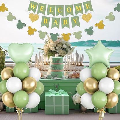 Sage Green Baby Shower Decorations Olive Green Gold White Oh Welcome Baby Balloon Set with Star Heart Foil Balloons Shower Bunting Banner Bodysuit Garland Neutral Gender Reveal Party for Boys Girls