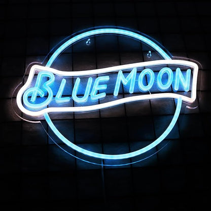 JFLLamp Blue Moon Neon Signs for Wall Decor Neon Lights for Bedroom Led Signs Suitable for Man Cave Bar Pub Restaurant Christmas Birthday Party Gift 5V Usb Power, 14 * 12.2 Inch(Azure+White)