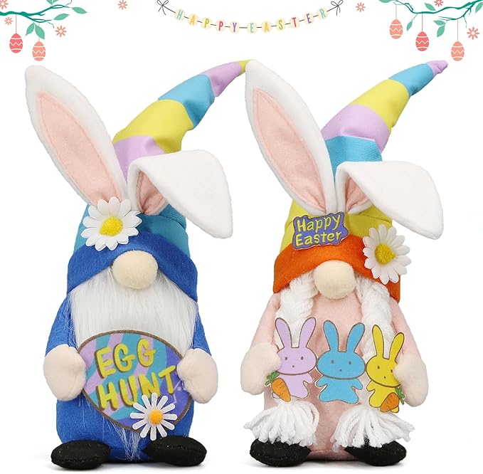 Lovinland Easter Decorations - Bunny Gnomes Decor for Home, Indoor, Tiered Tray, Office, Desk - Spring Rabbit Stuffed Centerpiece Table