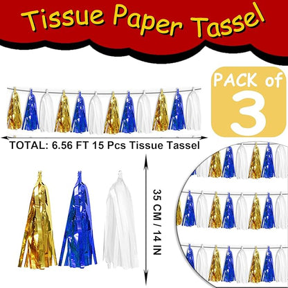 3 Pack Navy-Blue White and Gold Tassel Banner Garland Metallic Foil Fringe Banner Tinsel Tassels Streamer Banner Backdrop for Parade Floats, 2025 Graduation, Retirement Party Decoratio