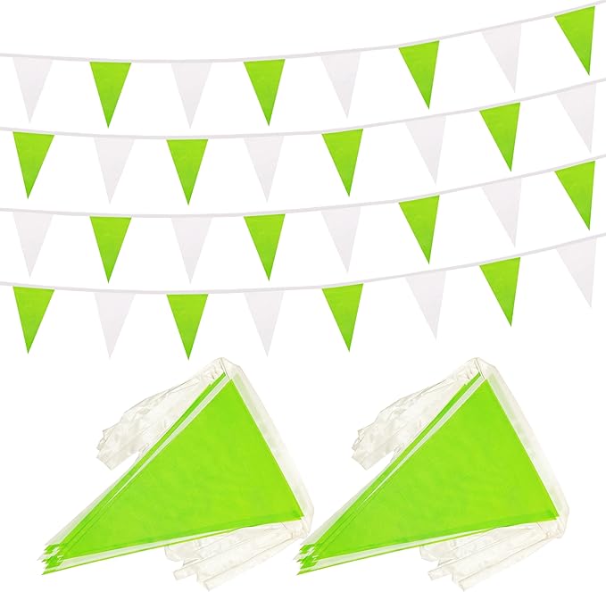 100 Ft White Green Pennant Banner Flag, 60 Pcs String Hanging DIY Bunting Flags for Party, School, Birthday, Wedding, Carnival, Celebrations, Outdoor and Indoor Decorations (White Green)